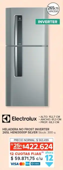 Carrefour Electrolux HELADERA NO FROST INVERTER 265L HENI3000P SILVER oferta