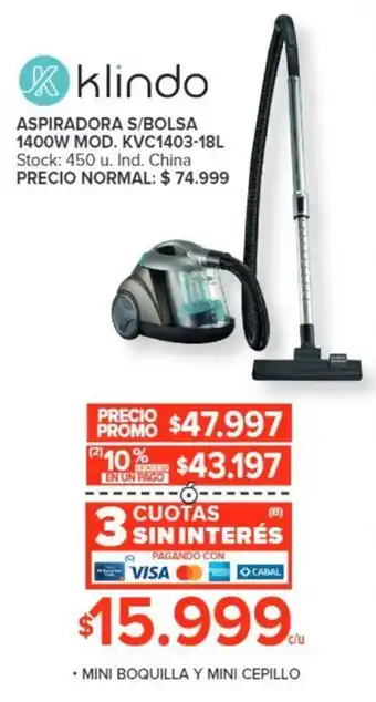 Carrefour klindo ASPIRADORA S/BOLSA 1400W oferta