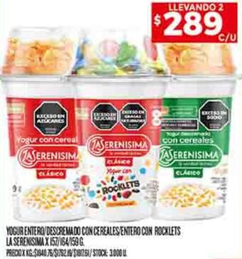 Supermercados DIA YOGUR ENTERO/DESCREMADO CON CEREALES/ENTERO CON ROCKLETS LA SERENISIMA X 157/164/159 G. oferta