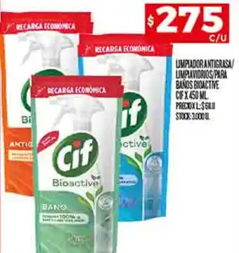 Supermercados DIA LIMPIADOR ANTIGRASA/ LIMPLAVIDRIOS PARA BAÑOS BIOACTIVE CIF X 450 ML oferta