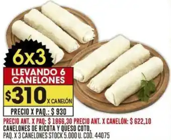 Coto CANELONES DE RICOTA Y QUESO COTO PAQ X 3 CANELONES oferta