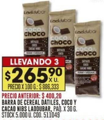 Coto BARRA DE CEREAL DÁTILES, COCO Y CACAO NIBS LADDUBAR, PAQ. X 30G oferta