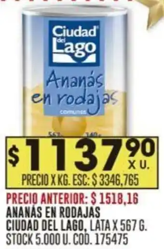 Coto ANANÁS EN RODAJAS CIUDAD DEL LAGO, LATA X 567G oferta