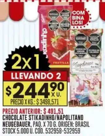 Coto CHOCOLATE STIKADINHO/NAPOLITANO NEUGEBAUER, PAQ. X 70G oferta