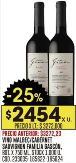 Coto VINO MALBEC/CABERNET SAUVIGNON FAMILIA GASCÓN, BOT. X 750ML oferta