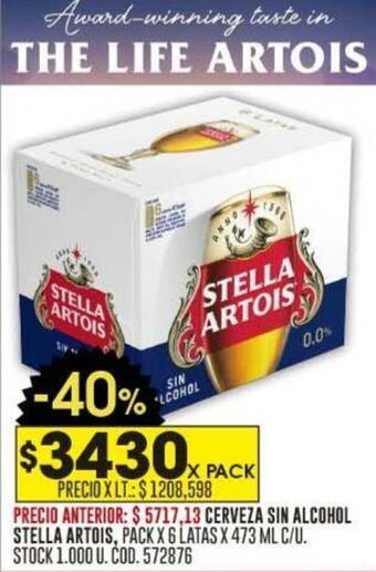 Coto CERVEZA SIN ALCOHOL STELLA ARTOIS, PACK X 6 LATAS X 473 ML C/U. oferta