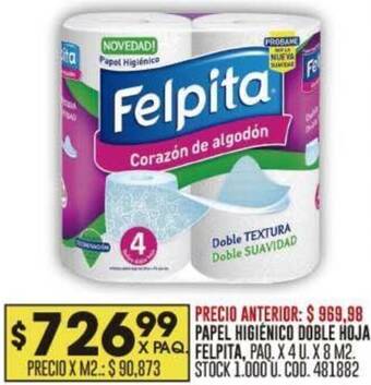 Coto PAPEL HIGIENICO DOBLE HOJA X PAQ FELPITA, PAQ. X 4 U.X 8 M2 oferta