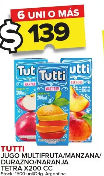 Carrefour Maxi TUTTI JUGO MULTIFRUTA/MANZANA/ DURAZNO/NARANJA TETRA X200 CC oferta