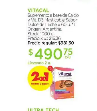 Farmacity Vitacal Suplemento A Base De Calcio Y Vit. D3 Masticable Sabor Dulce De Leche oferta