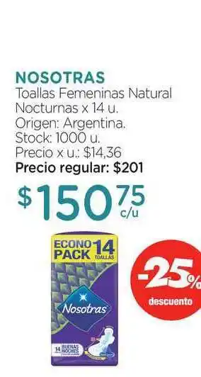 Farmacity Nosotras Toallas Femeninas Natural Nocturnas 14u oferta