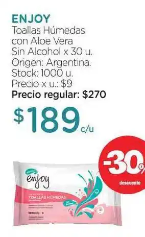 Farmacity Enjoy Toallas Húmedas Con Aloe Vera Sin Alcohol 30 u oferta