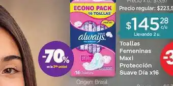 Toallas Femeninas Maxi Protección Suave Día x 16
