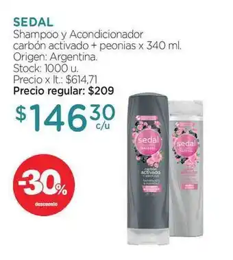 Farmacity Sedal Shampoo Y Acondicionador Carbón Activado + Peonias x 340 ml oferta