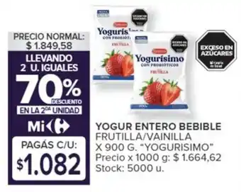 Carrefour YOGUR ENTERO BEBIBLE FRUTILLA/VAINILLA X 900 G. "YOGURISIMO" oferta