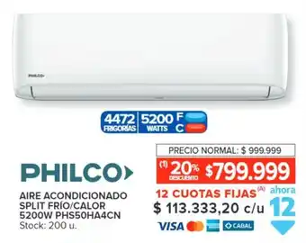 Carrefour PHILCO AIRE ACONDICIONADO SPLIT FRÍO/CALOR 5200W PHS50HA4CN oferta