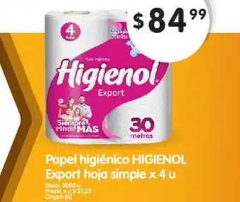 Supermercados Buenos Días Higienol Papel higiénico Export hoja simple x 4u oferta