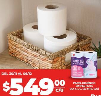 Supermercados DIA PAPEL HIGIÉNICO SIMPLE HOJA DIA X 4 U. 30 MTS oferta