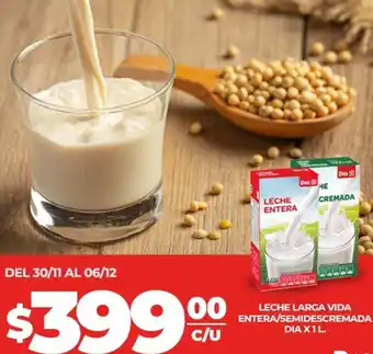 Supermercados DIA LECHE LARGA VIDA ENTERA/SEMIDESCREMADA DIA X1L oferta