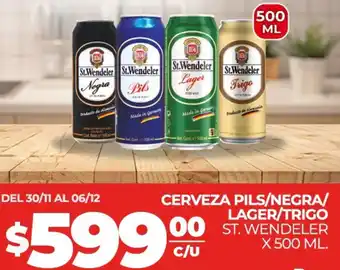 Supermercados DIA CERVEZA PILS/NEGRA/ LAGER/TRIGO 00 ST. WENDELER C/U X 500 ML oferta
