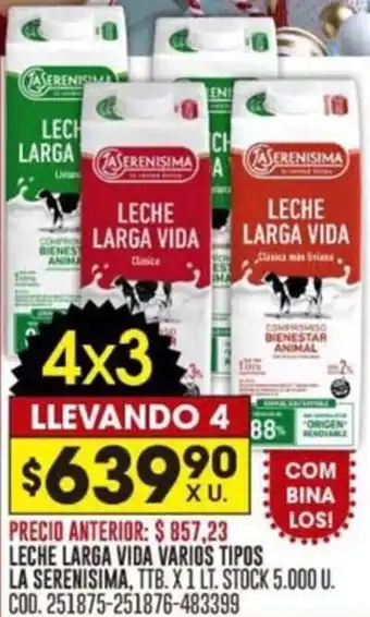 Coto LECHE LARGA VIDA VARIOS TIPOS LA SERENISIMA, TTB. X 1 LT oferta