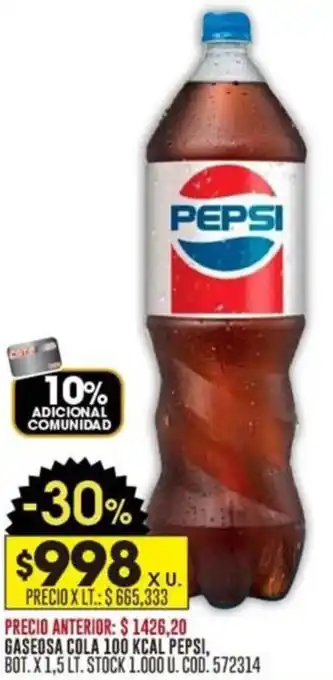 Coto GASEOSA COLA 100 KCAL PEPSI, BOT. X 1,5 LT oferta