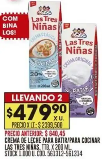 Coto CREMA DE LECHE PARA BATIR/PARA COCINAR LAS TRES NIÑAS, TTB. X 200 ML oferta