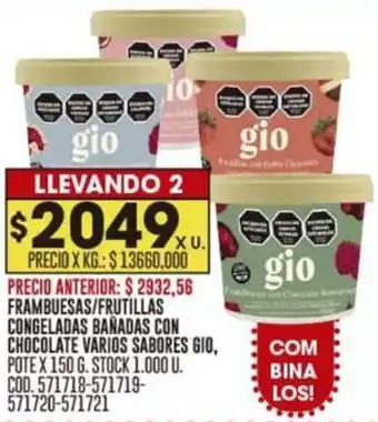 Coto FRAMBUESAS/FRUTILLAS CONGELADAS BAÑADAS CON CHOCOLATE VARIOS SABORES GIO, POTE X 150G oferta