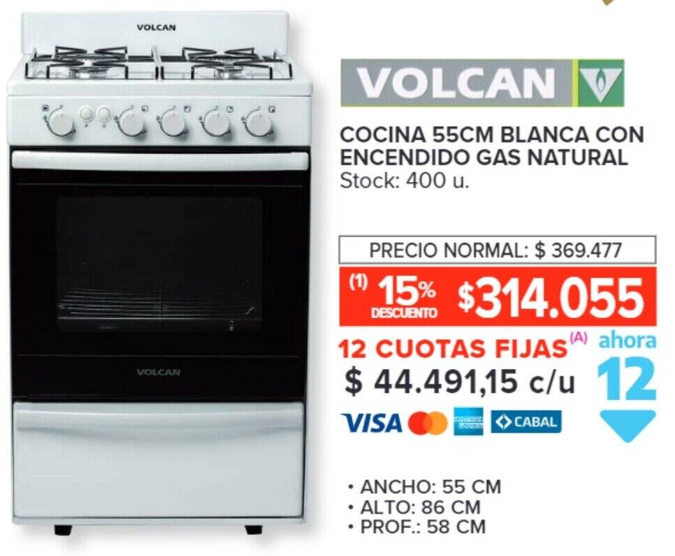 COCINA 55CM BLANCA CON ENCENDIDO GAS NATURAL oferta en Carrefour