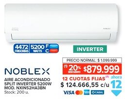 Carrefour NOBLEX AIRE ACONDICIONADO SPLIT INVERTER 5200W MOD. NXIN52HA3BN oferta