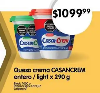 Supermercados Buenos Días Queso crema CASANCREM entero / light x 290 g oferta