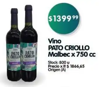 Supermercados Buenos Días Vino PATO CRIOLLO Malbec x 750 cc oferta