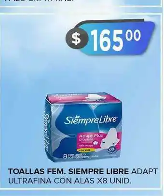 Toallas Fem. Siempre Libre Adapt Ultrafina Con Alas X8 Unid.