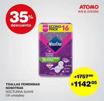 Atomo Conviene TOALLAS FEMENINAS NOSOTRAS NOCTURNA SUAVE (16 unidades) oferta