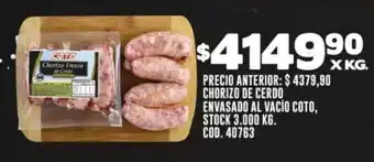 Coto CHORIZO DE CERDO ENVASADO AL VACÍO COTO, X KG. oferta