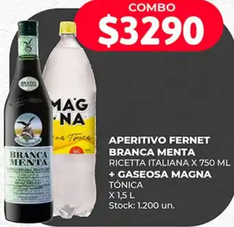 Supermercados Tadicor APERITIVO FERNET BRANCA MENTA RICETTA ITALIANA X 750 ML + GASEOSA MAGNA TÓNICA X 1.5L oferta