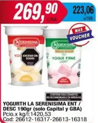 Maxiconsumo YOGURTH LA SERENISIMA ENT / DESC 190gr oferta