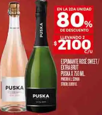Supermercados DIA ESPUMANTE ROSE SWEET/ EXTRA BRUT PUSKA X 750ML oferta