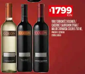 Supermercados DIA VINO TORRONTES VIOGNIER/ CABERNET SAUVIGNON SYRAH/ MALBEC BONARDA COLON X 750ML oferta
