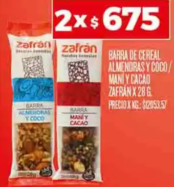 Supermercados DIA BARRA DE CEREAL ALMENDRAS Y COCO/ MANI Y CACAO ZAFRÁN X 28G oferta