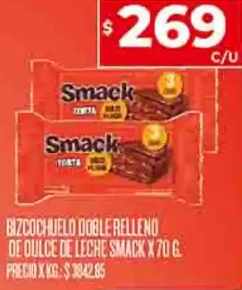 Supermercados DIA BIZCOCHUELO DOBLE RELLENO DE DULCE DE LECHE SMACK X 70G oferta