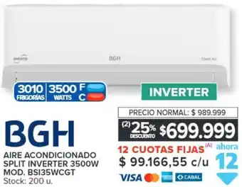 Carrefour BGH INVERTER AIRE ACONDICIONADO SPLIT INVERTER 3500W MOD. BSI35WCGT oferta