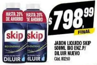 Supermercados Yaguar JABON LIQUIDO SKIP 500ML BIO ENZ.P/ DILUIR NUEVO oferta