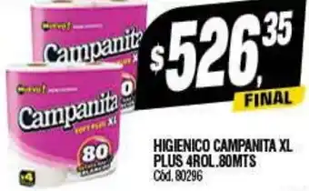 Supermercados Yaguar HIGIENICO CAMPANITA XL PLUS 4ROL.80MTS oferta