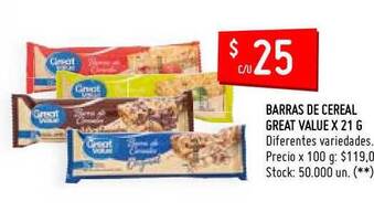 Walmart Great Value Barras de Cereal x 21g oferta