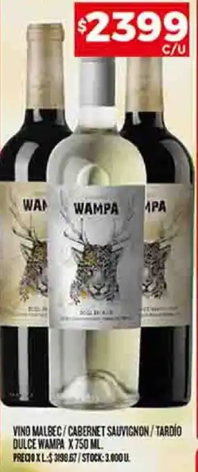 Supermercados DIA VINO MALBEC/CABERNET SAUVIGNON/TARDIO DULCE WAMPA X 750ML oferta