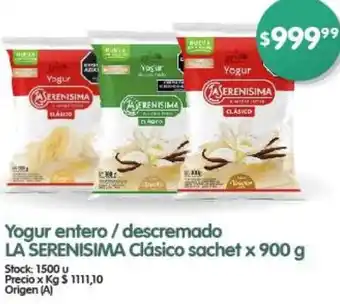 Supermercados Buenos Días Yogur entero / descremado LA SERENISIMA Clásico sachet x 900g oferta