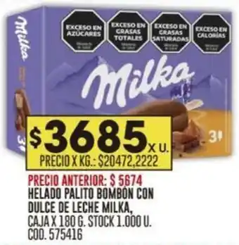 Coto HELADO PALITO BOMBON CON DULCE DE LECHE MILKA CAJA X 180G oferta