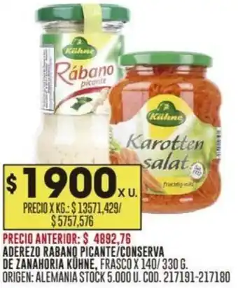Coto ADEREZO RABANO PICANTE/CONSERVA DE ZANAHORIA KÜHNE, FRASCO X 140/ 330G oferta