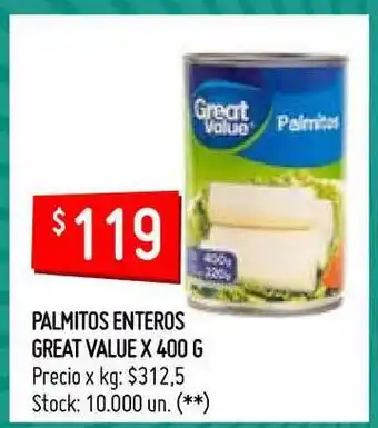 Walmart Great Value Palmitos Enteros x 400g oferta