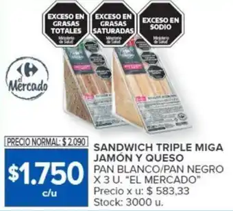 Carrefour SANDWICH TRIPLE MIGA JAMÓN Y QUESO X 3U oferta